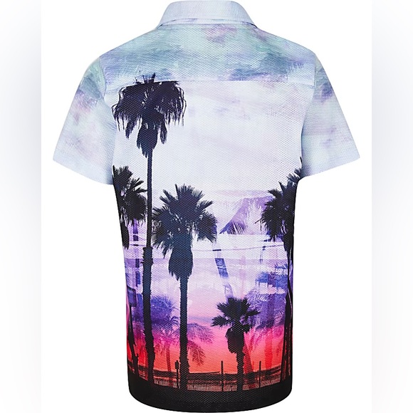 River Island Boys Blue Palm Print Mesh Button Down Shirt - Picture 2 of 3